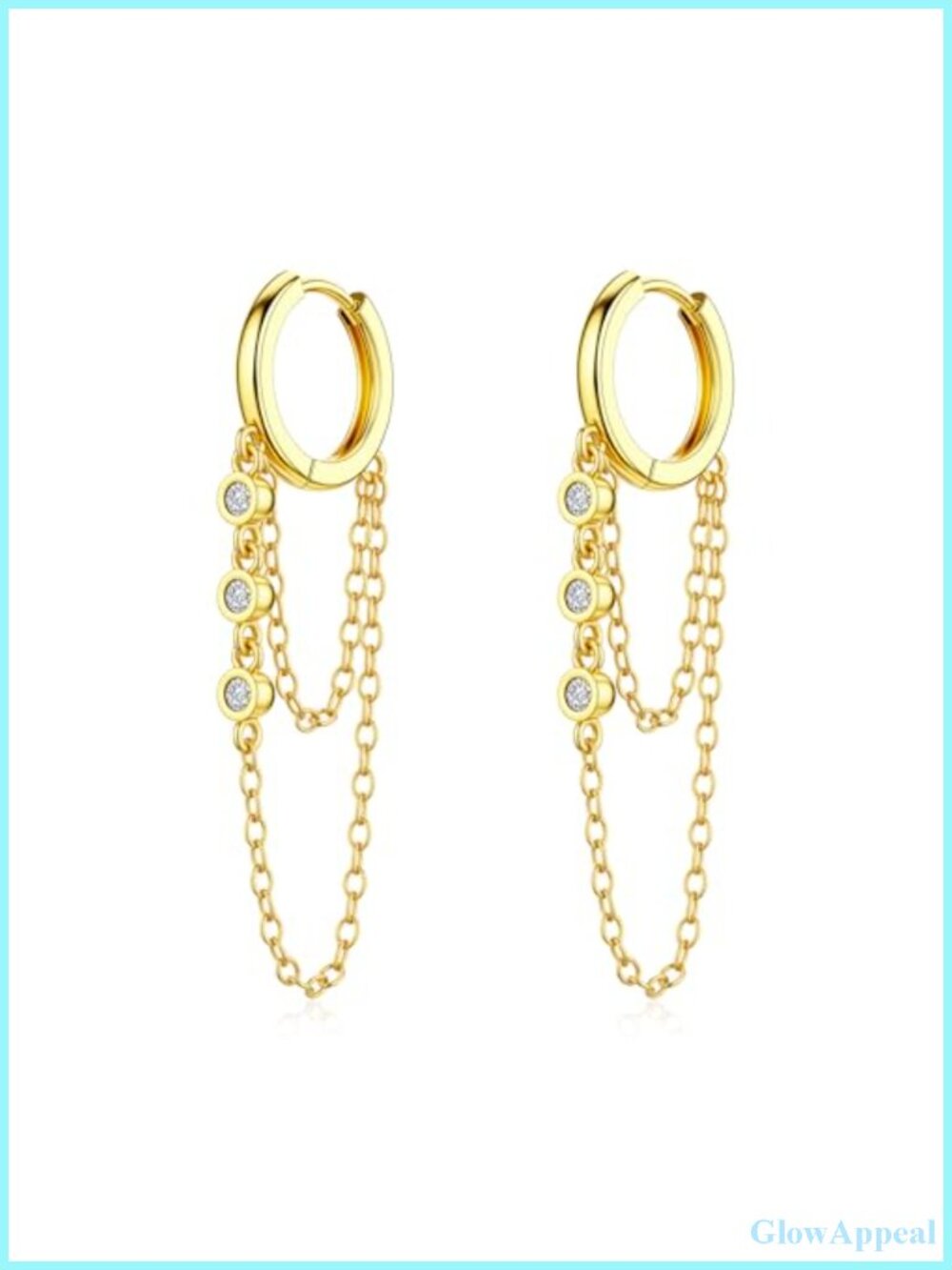 Tassel Chain Hoop Earrings 14K Gold Plated CZ Small Hypoallergenic